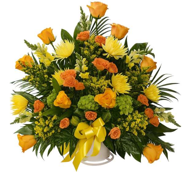 Yellow and orange rose bouquet with a ribbon in a white container
