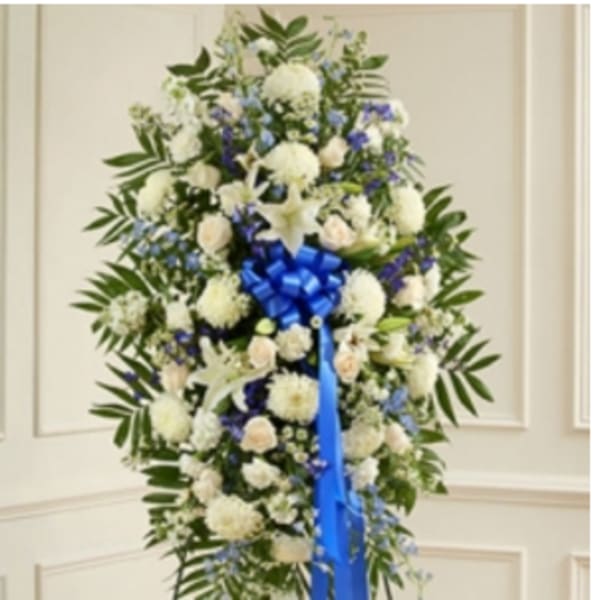 Deepest Sympathies Blue & White Standing Spray