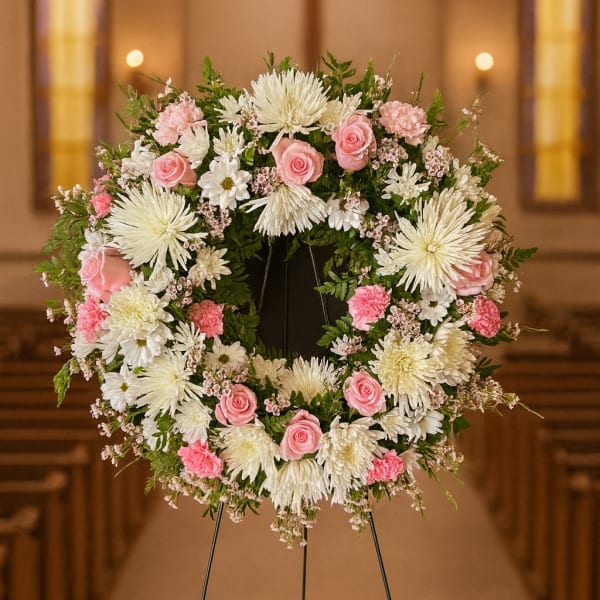 Heart-shaped floral wreath with pink and white flowers on a stand