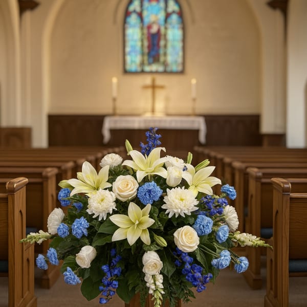 White and blue floral arrangement in a church aisle
