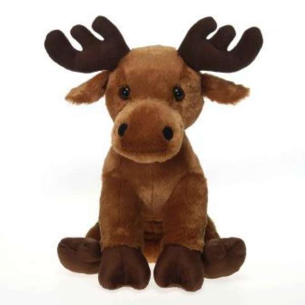 Plush moose toy sitting on a white background