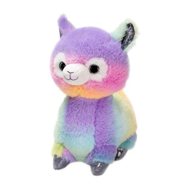 Rainbow plush llama toy with a purple face and glittery ears