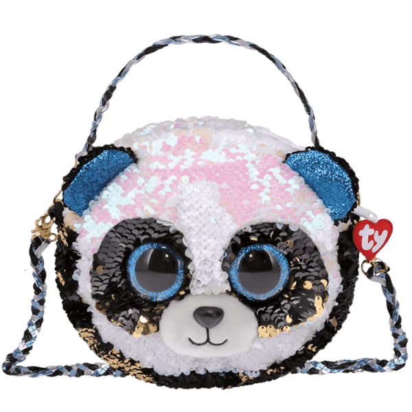 Sequin panda-face purse with a braided strap