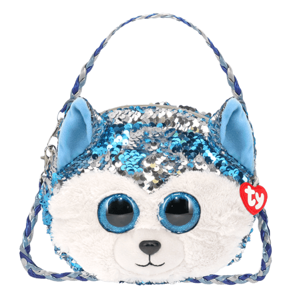 Blue and silver sequined teddy bear purse with braided handle
