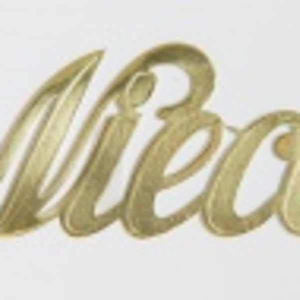 Gold script reading "Mia" on a white background