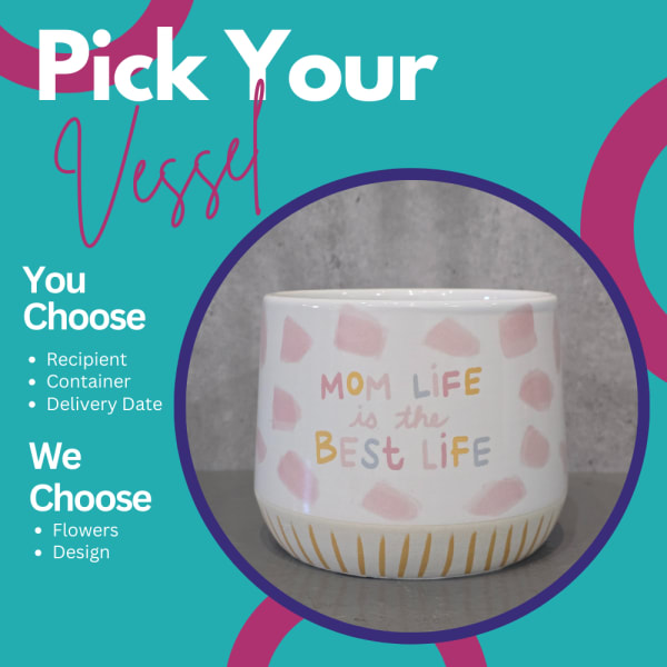 Decorative ceramic planter with pastel text and pink spots