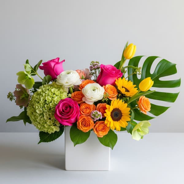 Mixed bouquet in a white square vase with roses, tulips, and sunflowers