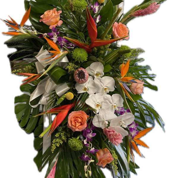 Tall tropical floral spray with orchids, roses, and bird-of-paradise flowers