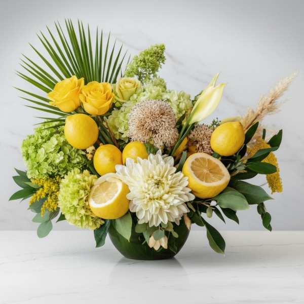 Yellow roses and white blooms arranged with lemons in a vase
