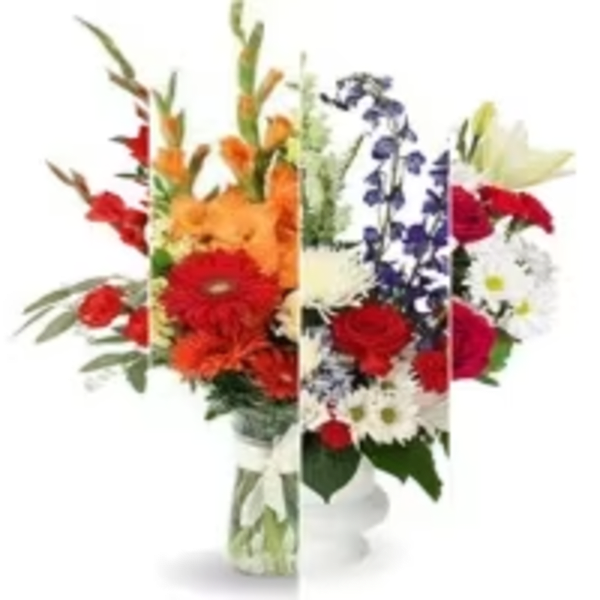 Colorful mixed flower arrangements with red, orange, white, and blue blooms in glass and white vases