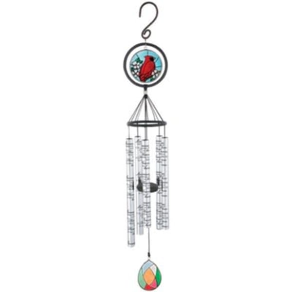 Hanging wind chime with a red bird medallion and clear tubes
