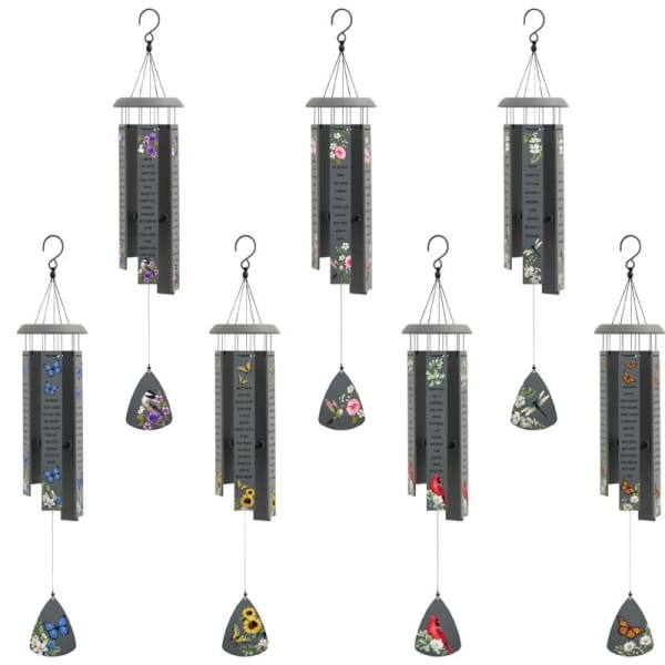 Set of hanging metal wind chimes with floral and butterfly designs