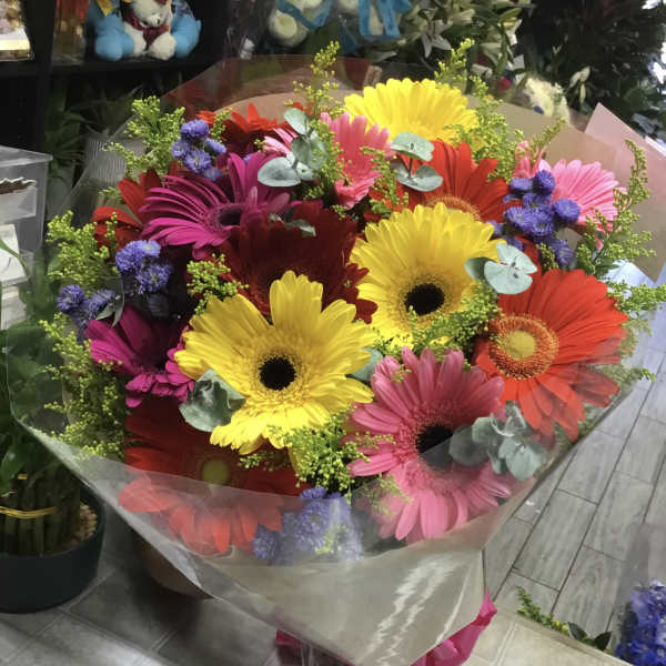 Bright mixed gerbera daisy bouquet wrapped in clear paper