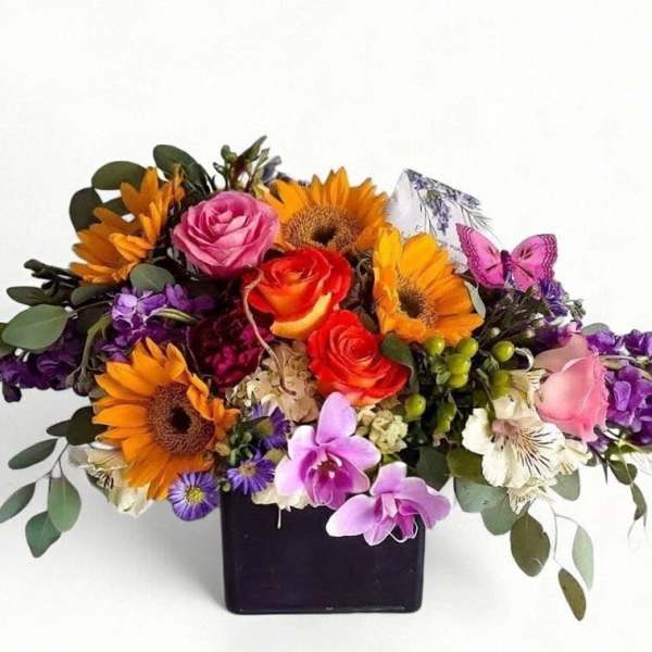 Colorful arrangement of sunflowers, roses, orchids and mixed blooms in a black cube vase with butterfly accent.