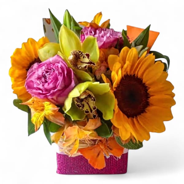 Bright mixed bouquet with sunflowers, pink roses, and orchids in a pink container