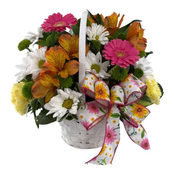 Basket of mixed daisies and alstroemeria with a floral ribbon bow