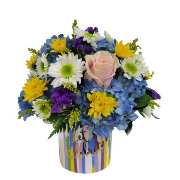 Colorful bouquet with a pink rose in a striped container