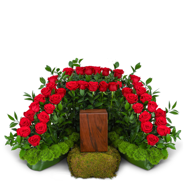 Red roses arranged in a symmetrical display with a wooden pedestal
