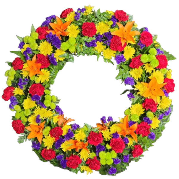 Colorful floral wreath with orange lilies, red carnations, and yellow and purple blooms