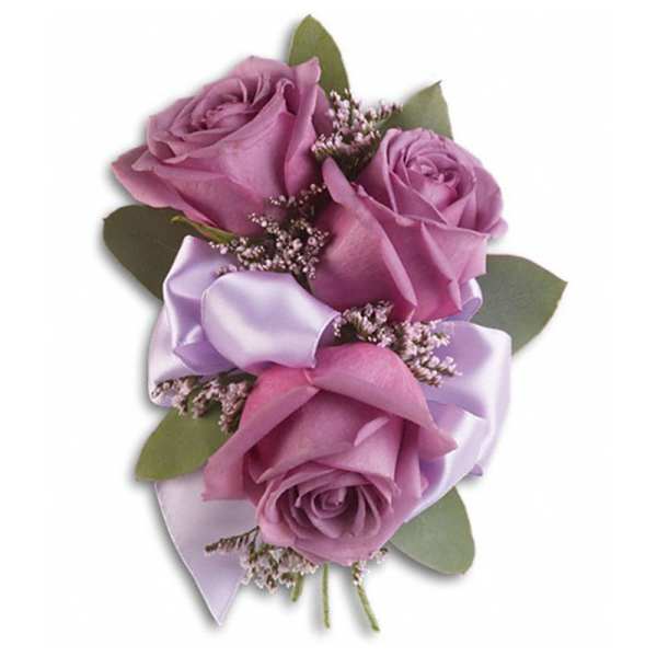 Three lavender roses with satin ribbon and small filler flowers