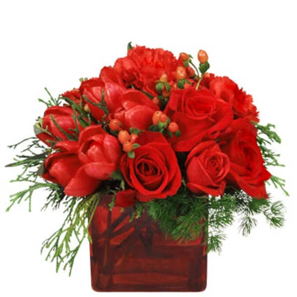 Low red arrangement of roses, carnations, and tulips in a red glass cube vase with red berries
