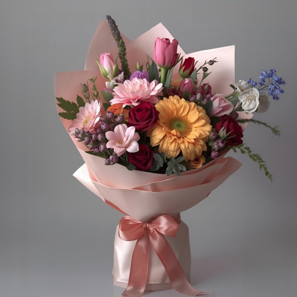 Pink and red mixed flower bouquet wrapped in blush paper with a satin ribbon