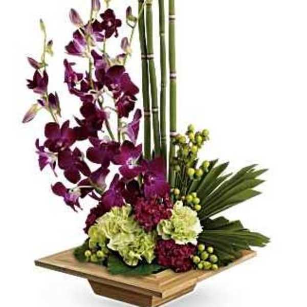 Tall orchid arrangement with bamboo and green hydrangeas in a wooden base