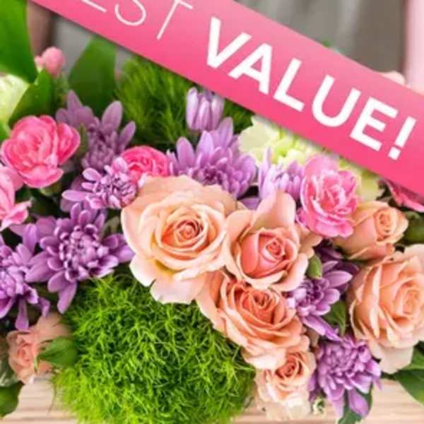 Pink and peach roses with purple flowers and a BEST VALUE ribbon