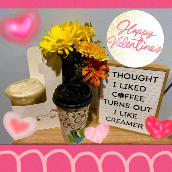 Coffee gift set with yellow flowers and a Valentine sign