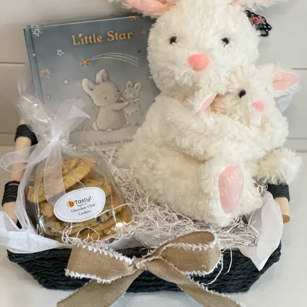 Plush bunny with a children’s book and a bag of cookies in a gift basket