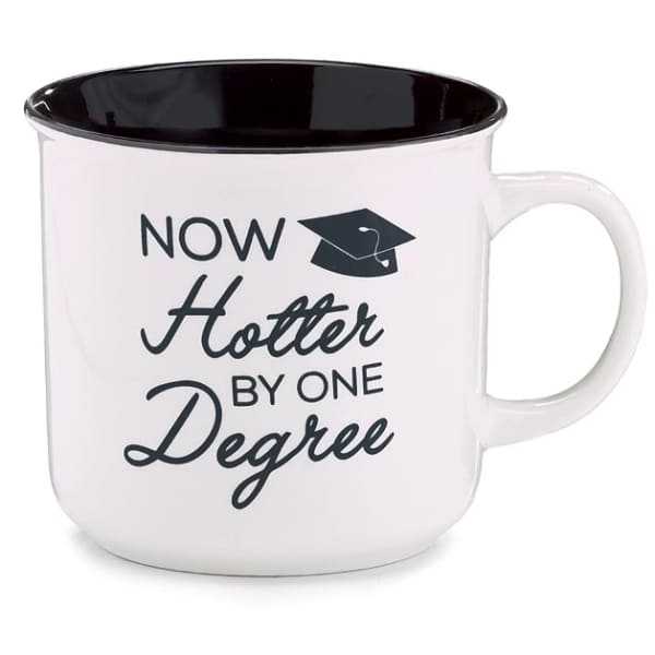 White mug with black rim and graduation text