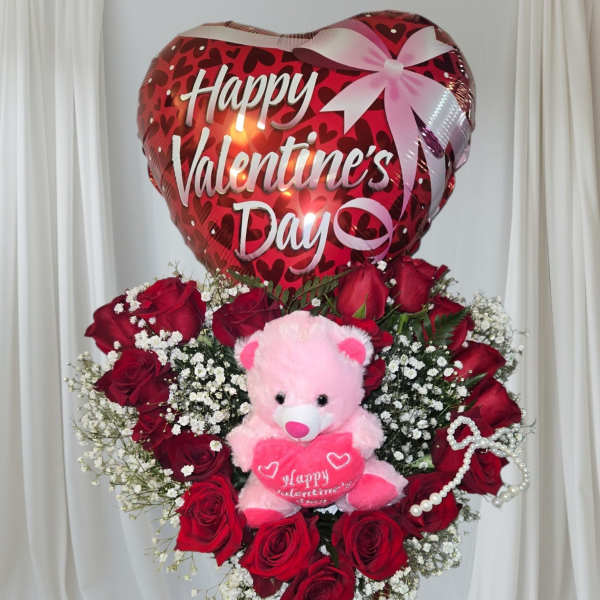 Red rose bouquet with a Valentine balloon and pink teddy bear