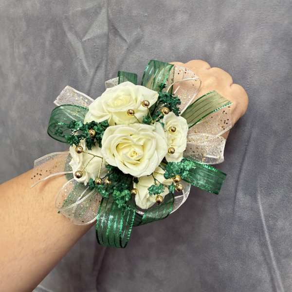 Emerald Green Gold White spray roses corsage