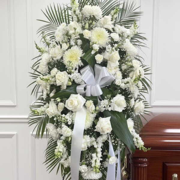 White funeral spray with roses and chrysanthemums on an easel