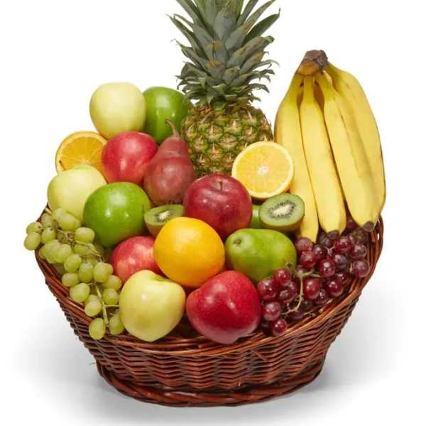Fruit basket with pineapple, bananas, apples, grapes, oranges, and kiwi