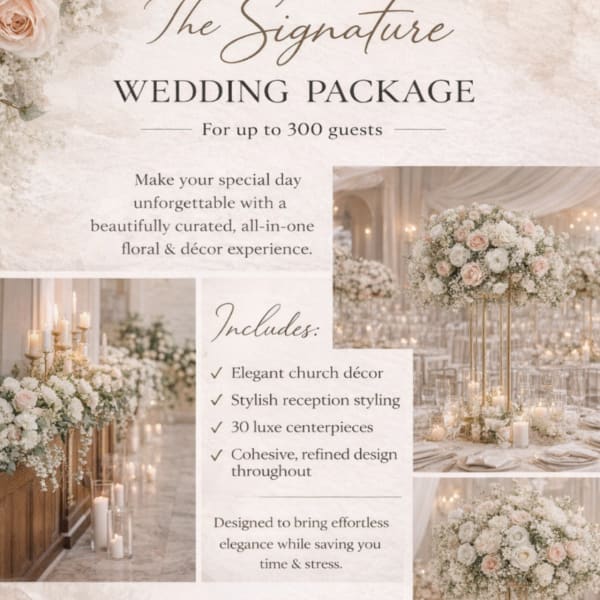 Wedding flyer with tall white and blush rose centerpieces on gold stands with candles and aisle flowers