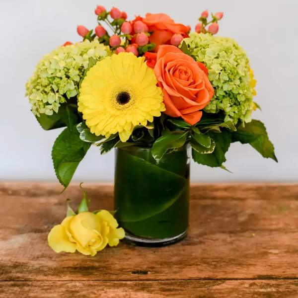Orange rose and yellow gerbera in a glass vase with green hydrangeas