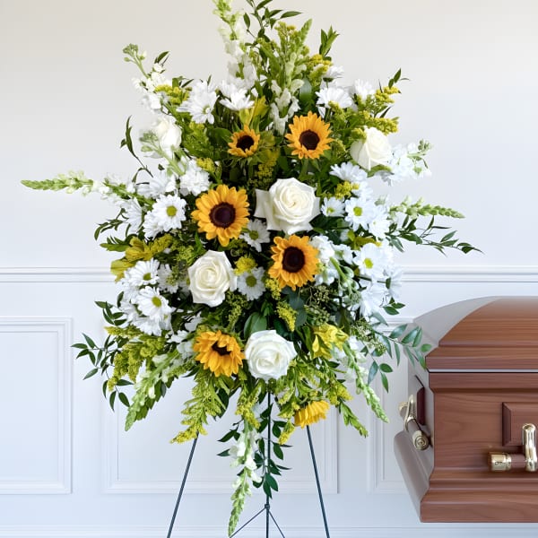 White Standing Spray with Sunflowers