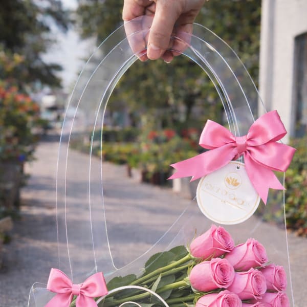 Pink roses in a clear gift bag with satin bows