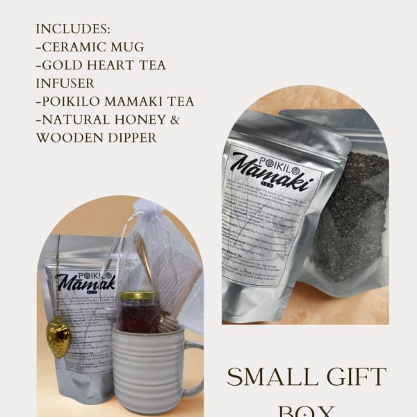 Small gift box with a ceramic mug, tea, honey, and a gold heart infuser