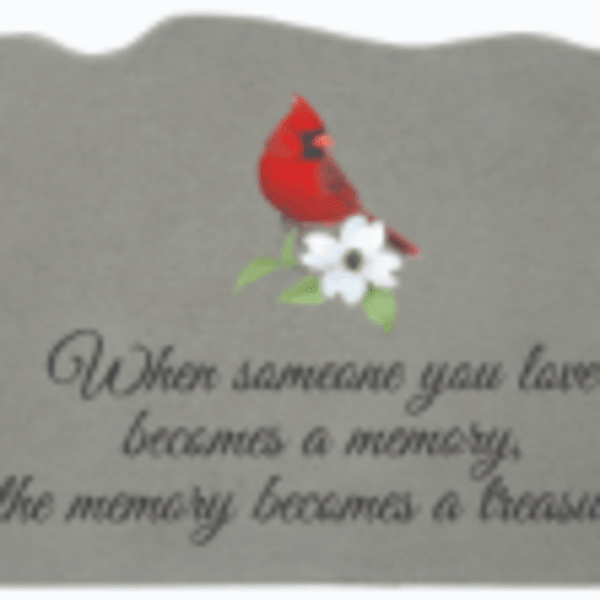 Gray memorial plaque with a red cardinal and white flower graphic