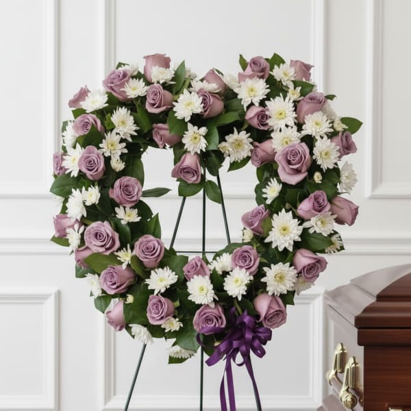 Lavender rose and white daisy funeral wreath on a stand with a purple ribbon