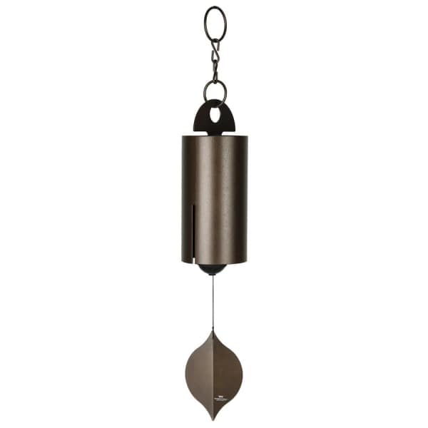Hanging metal wind chime with a leaf-shaped clapper