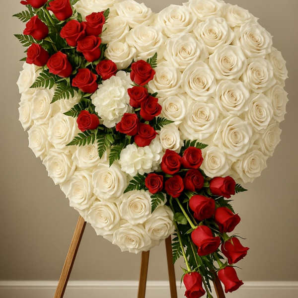 Heart-shaped standing spray of white roses with a diagonal cascade of red roses.