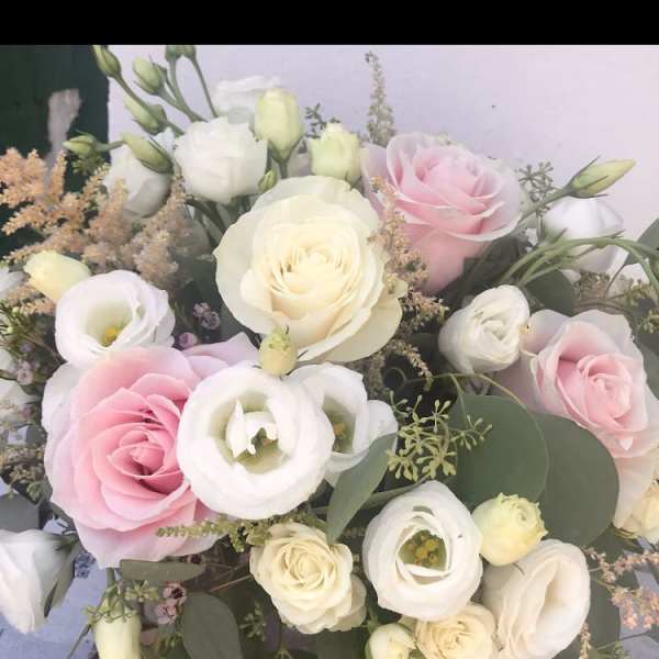 Bouquet of pink and white roses with small white blooms