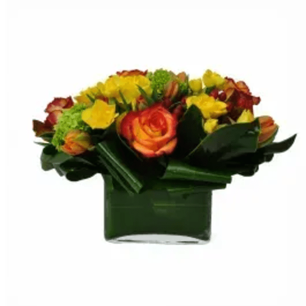 Orange and yellow rose bouquet in a square glass vase