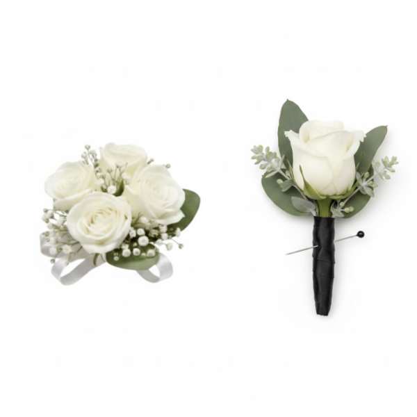 White rose bouquet and matching boutonniere with green leaves