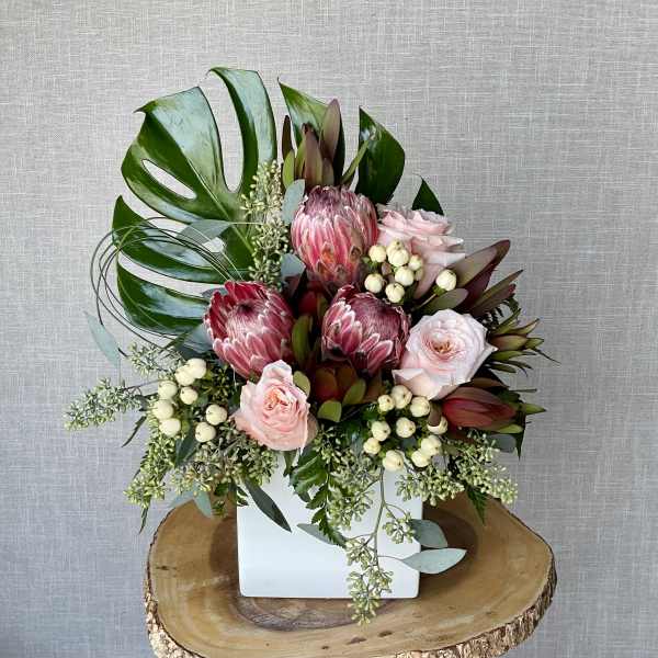 Pink proteas and roses arranged in a white square vase