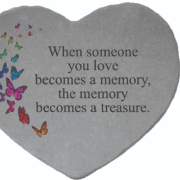 Gray heart-shaped memorial plaque with butterflies and a sympathy quote