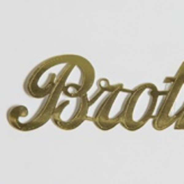 Gold script word "Brother" on a white background